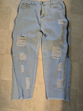 Light Blue Distressed Women’s Jeans with Side Zipper